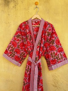 Robe Kimono en Coton Tissé à Col en V et Manches Trois-Quarts Imprimé Cerises pour Femme, Longueur Complète, Décontractée, Idéale pour le Printemps - Product Image 3