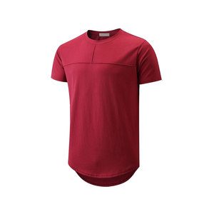เสื้อยืดคอกลมแขนสั้นสีทึบสำหรับผู้ชายทรงปกติแบบยาวสไตล์ลำลองถักนิตติ้งสีแดง - Product Image 1