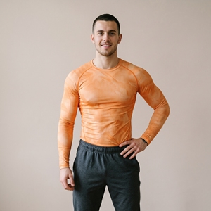 Men Front <b>Logo</b> Long Sleeve Orange Slim Fit O-Neck Compression Sporty Quick Dry Polyester Solid Color Gym Wear - Product Image 5