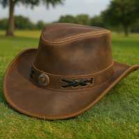 Topi Koboi Kulit Asli Coklat Buatan Tangan Gaya Western Outback, Laris Terjual