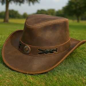 Hot selling Custom Handmade Brown Full Grain Leather Cowboy <b>Hat</b> Western Outback Style - Product Image 5