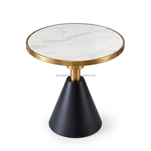 Mesa Auxiliar Moderna de Mármol Blanco con Borde Dorado Cepillado y Base de Pedestal Cónico de Metal Negro Mate, Muebles al por Mayor - Product Image 4