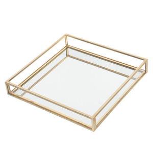 Plateau rectangulaire miroir doré en métal, plateau décoratif, plateau de salle de bain avec poignées, organisateur de parfums en verre, accent de table - Product Image 4