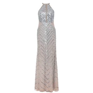 Robe de soirée de luxe argentée à sequins et perles, col licou, sans manches, longueur ras du sol, moulante, pour femme, idéale pour boîte de nuit, cocktail, bal de promo - Product Image 3