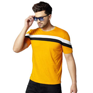 Camiseta deportiva de algodón para hombre, con cuello redondo, manga corta, franja amarilla en el pecho, estilo casual. - Product Image 3