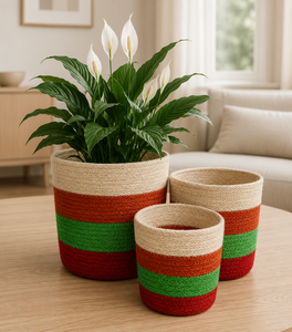 Panier de rangement en jute rayé, corbeille à linge ronde en corde de jute tressée pour le salon, décoration intérieure, fabriqué au Bangladesh - Product Image 2