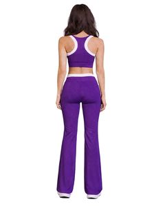Women Purple White Contrast Sports Bra And Flare Pants Set High Waist <b>Stretch</b> Yoga Fitness Gym Wear Custom OEM Wholesale - Product Image 2