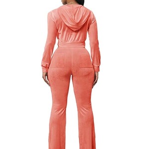 Ensemble haut court à capuche en velours rose pour femme et pantalon évasé taille haute, manches longues, style décontracté, toutes saisons, couleur unie - Product Image 4