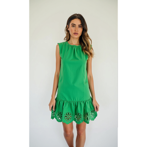 Mini vestido verde informal para mujer con forma de línea sin mangas escote redondo volante y dobladillo festoneado con corte láser floral y - Product Image 1