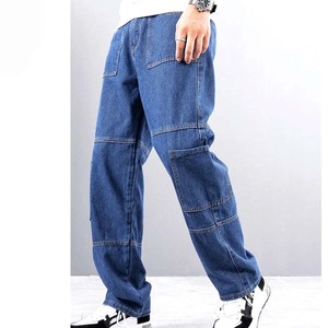 Jeans Cargo de Mezclilla para Hombre, Color Azul Sólido, Corte Holgado, Cintura Media, Estilo Casual, para Otoño, Tela de Algodón, Diseño con Bolsillos - Product Image 1