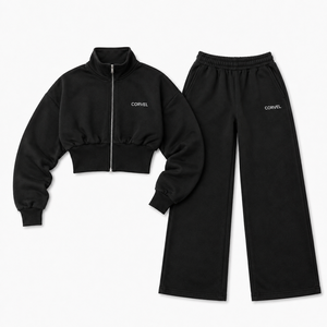 Ensemble de survêtement athleisure pour femme, veste courte zippée noire à ourlet côtelé et pantalon de jogging, en molleton de coton personnalisé, automne-hiver, faible MOQ - Product Image 4