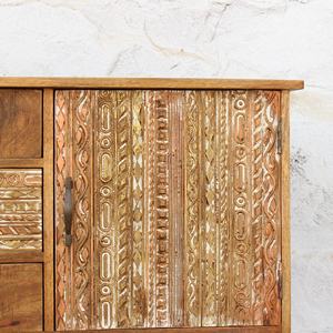 Handcrafted Solid Mango Wood Sideboard Intricate Carved Doors Mid-Century Modern Buffet Cabinet Retro <b>Storage</b> Credenza Unit - Product Image 5