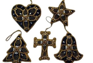 Ensemble d'ornements de Noël Zari à suspendre, décorations brodées dorées en forme d'étoile, de cœur, d'arbre, de croix et de cloche pour sapin de Noël, décoration de la maison, vente en gros - Product Image 1