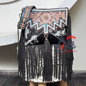 Hot Selling Trendy Bohemian Style Hand Tooled Genuine Cowhide Hair-on Leather Crossbody Fringe Bag Designer Shoulder Sling Bag - Product Image 1