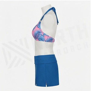 Women's 2 Piece Tankini Set Halter Top With Plant Print And Blue <b>Skirt</b> Bottom Regular Fit Spandex Polyester Swimwear - Product Image 3