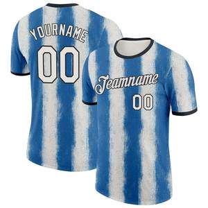 Camiseta de Fútbol Personalizada con Rayas, Sublimada, de Poliéster Transpirable, Unisex, para Adultos, Manga Corta, Cuello Redondo, con Nombre del Equipo - Product Image 1