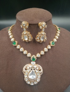 Amaira Jewels <b>Silver</b> Gold Plated <b>Necklace</b> Earring <b>Set</b> Pear Cut Polki Stone Floral Design Women's Wedding Jewelry Classic Style - Product Image 6