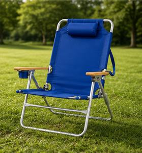 Silla de Playa Plegable Azul de Aluminio con Brazos de Madera y Portavasos, Muebles de Exterior Contemporáneos - Product Image 5