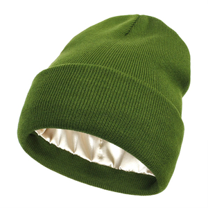 Custom Slouchy Knit Winter Beanie Satin Lined Silk Lining Adjustable Warm Cuffed <b>Cap</b> Unisex Travel Gift With Custom Logo - Product Image 4