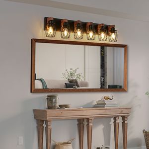 Applique Industriale Vintage da 38 Pollici a 6 Luci, Nera con Gabbia e Dettagli in Legno, per Illuminazione Bagno, Corridoio, Soggiorno - Product Image 1