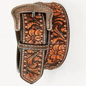 Ceinture d'outillage à la main en cuir occidental pour hommes, durable et durable, sculpture florale et coutures contrastées Ceinture de cow-boy en cuir usiné - Product Image 3
