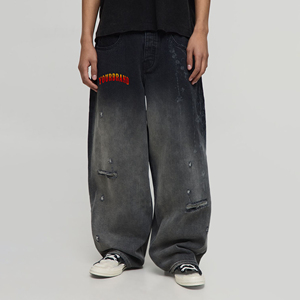 Jean en denim délavé personnalisé style vintage streetwear hip-hop tendance, coupe droite ample et décontractée 100 % coton pour homme - Product Image 1