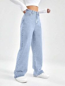 Jean taille haute à jambes larges pour femme, mélange de coton, coupe droite, denim, tendance, confortable, tenue décontractée - Product Image 2