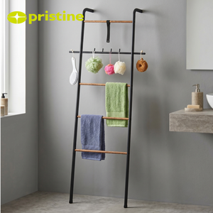 Freestanding Black Steel Towel Ladder With Wooden Bars Industrial Bathroom Organizer <b>Shelf</b> Bars Movable <b>Bath</b> - Product Image 4