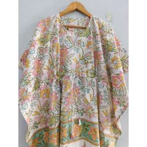 Robe tunique kaftan en coton faite main, imprimé floral, style bohème, pour la plage, coupe ample, tenue d'été, col en V, manches chauve-souris, pour femme - Product Image 3