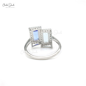 Anillo llamativo de tanzanita y aguamarina con corte baguette natural de 8x4mm y halo de diamantes en oro blanco macizo de 14k, proveedor mayorista - Product Image 2