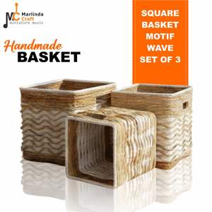 Ensemble de 3 paniers carrés motif vague en écorce de bananier, artisanat en plastique recyclé - Product Image 1