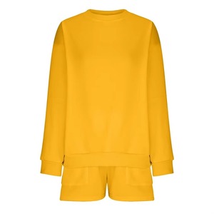 Conjunto de Dos Piezas Amarillo para Mujer, Sudadera Holgada y Pantalones Cortos, Estilo Casual, Color Sólido, Tejido de Algodón, para Primavera/Verano - Product Image 5