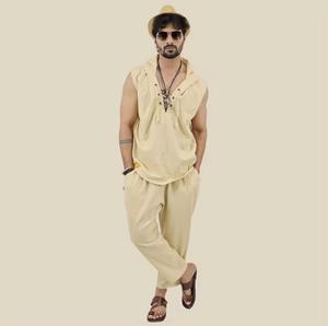 Premium Men Bohemian Sleeveless Hoodie Handcrafted Cotton Canvas Beige <b>Festival</b> Wear Men Lace-Up V-Neck Hooded Tank <b>Top</b> - Product Image 1