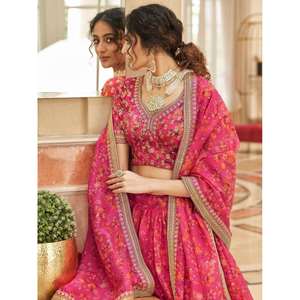 ชุด lehenga choli ผ้าออแกนแบบดั้งเดิมของผู้หญิงพิมพ์ลายดอกไม้สีชมพูสวยงาม - Product Image 4