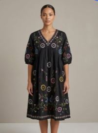 Black Floral Embroidered V-Neck Midi Dress <b>Three</b> Quarter Sleeve Boho Loose Fit Cotton Woven Summer Casual Dress - Product Image 2