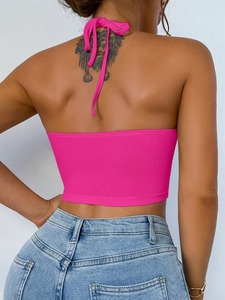 Seamless Ribbed Halter Neck Active <b>Crop</b> <b>Top</b> Keyhole Front Tie Back Gym Bra High Stretch Athletic Fitness Yoga Tank - Product Image 5