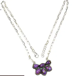 Purple <b>Copper</b> Turquoise Stone Flower Pendant Necklace 925 Sterling Silver Bohemia Style Link <b>Chain</b> Women's Everyday Wear - Product Image 2