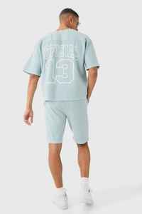 Conjunto de camiseta y pantalones cortos de algodón para hombre, color azul claro, cuello en V, transpirable, informal, para verano, de color sólido, tejido, de dos piezas. - Product Image 3