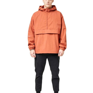 <b>Men's</b> Orange Hooded <b>Half</b>-<b>Zip</b> Windbreaker <b>Jacket</b> Waterproof Casual Loose Fit Polyester Outerwear - Product Image 1