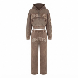Conjunto de chándal de dos piezas para mujer: Sudadera con capucha corta con cremallera y detalles de pedrería con lavado ácido y pantalones de chándal de pierna ancha - Product Image 4