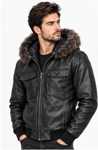 Champ King Men's black Leather <b>Jacket</b> With Faux <b>Fur</b> black <b>hood</b> Collar Zipper Closure - Product Image 4