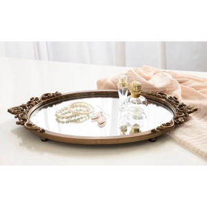 Oval Brass Decorative <b>Tray</b> with Mirror Surface Traditional Design Cosmetic <b>Storage</b> Handle Metal Handicraft Single Piece Package - Product Image 3