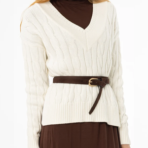Pull en tricot torsadé à col en V pour femme, 100% laine, manches longues, épais, décontracté, coupe classique, couleur unie, tricoté à la main - Product Image 5
