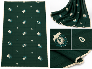 Wholesale <b>Embroidered</b> Chiffon <b>Shawl</b> Garbasaar Dark Green Paisley Rhinestone Scalloped Trim Multicolor Party Wear OEM ODM Custom - Product Image 2