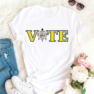 Camiseta de algodón estampada Sigma Gamma Rho VOTE para mujer, informal, de manga corta, con gráfico de letras griegas, estilo urbano, personalizada - Product Image 1