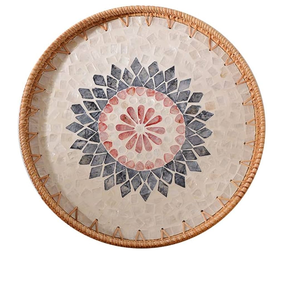 Plateau en rotin et nacre de grande qualité, personnalisable avec logo, forme ovale avec poignée, pour le rangement des tasses à café au bureau, à bon prix. - Product Image 4