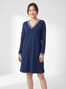 Robe de maternité et d'allaitement Bmama Navy en mélange de coton, manches longues, col en V, mini-robe, vente en gros - Product Image 3