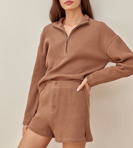 Summer Waffle Knit 2 Piece Women <b>Short</b> Set Clothing Custom Half <b>Zip</b> Women's Sets - Product Image 2