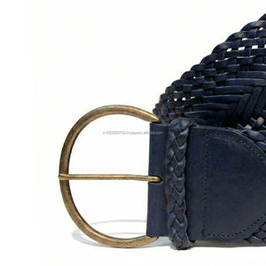Ceinture décontractée pour femme en cuir véritable bleu marine tressé, largeur 50 mm, longueur personnalisable, avec boucle ardillon en alliage à motif géométrique, durable, style vintage - Product Image 2