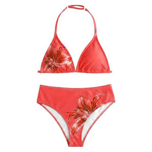 Conjunto de bikini de alta calidad con estampado floral morado, traje de baño triangular, ropa de playa, traje de baño de dos piezas para mujer, top corto fruncido. - Product Image 4